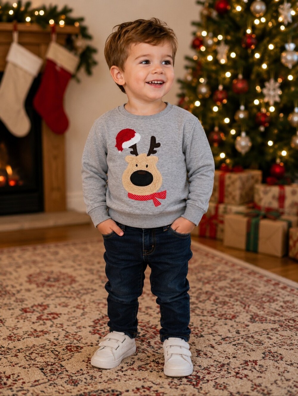 Kids Christmas Reindeer Sweatshirt 90 (2-3T) Gray Santa Hat Holiday Pullover